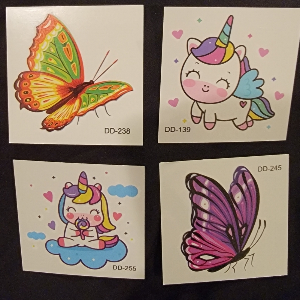 Colorful Unicorn and Butterfly Tattoos